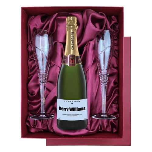 Personalised Champagne - Blue Label in Red Luxury Presentation Set With Flutes